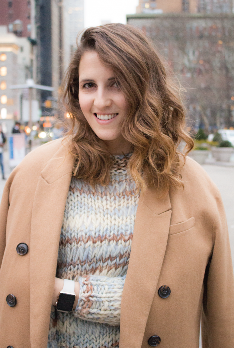 handmade-knit, chloe-inspired-knit, chloe-girls, camel-coat, banana-republic-camel-coat, flatiron-sightseeing