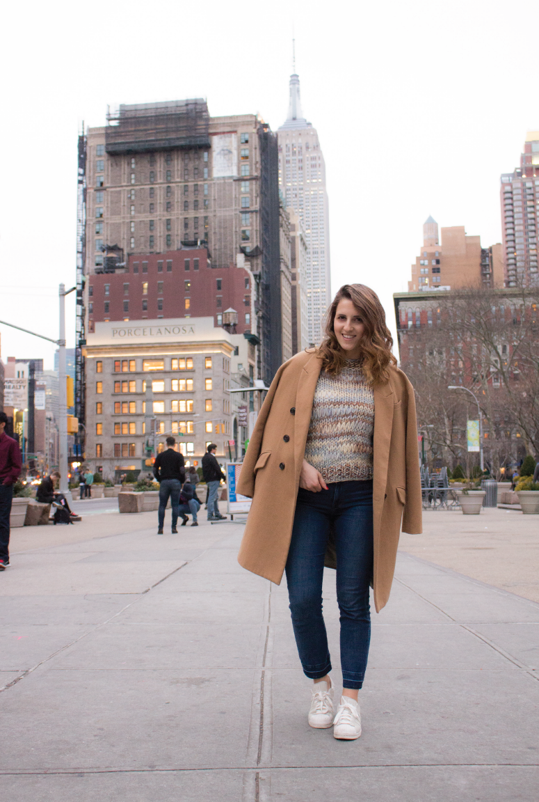 handmade-knit, chloe-inspired-knit, chloe-girls, camel-coat, banana-republic-camel-coat, flatiron-sightseeing